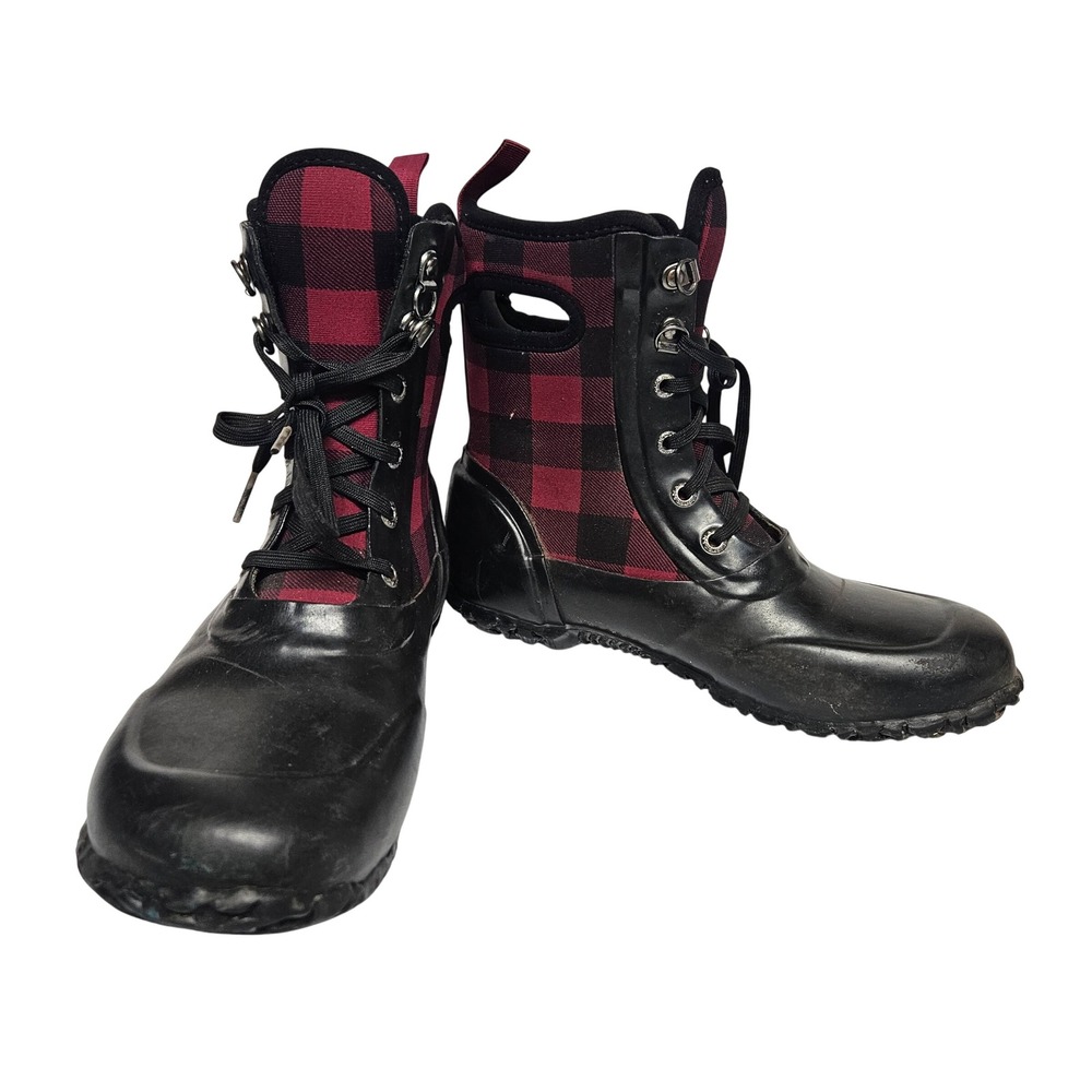 Bogs Sidney Lace PLD Youth 4 Black Red Buffalo Plaid Waterproof Winter Boots